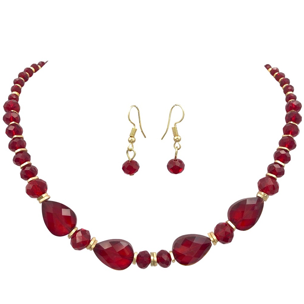 Red Glass Beaded Single Row Necklace Earrings Set